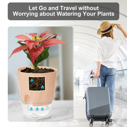 KIMCHOMERSE Self Watering Plant Pots 4.7 Inch, 3 Pack Indoor Planters with Drainage Holes & Saucers, Decorative Plastic Flower Pots for House Plants Home Office Decor (White, Pink, Blue)