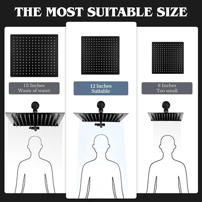 12 Inch Shower Head, Rain Shower Head with Adustable Extension Arm, Detachable Matte Black Rina Shower Head with Handheld Spray, High Pressure Shower Hose with Holder in Bathroom(Black)
