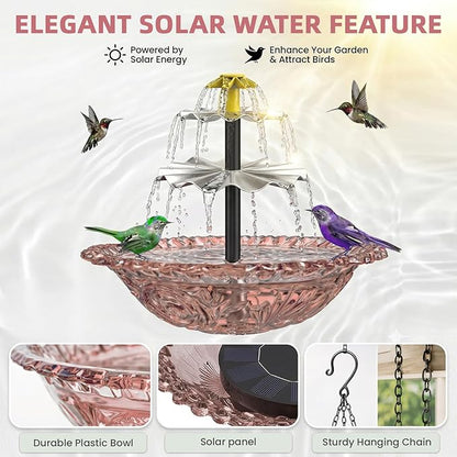 Solar Fountain for Bird Bath, Hanging Cascade Water Feature for Outdoor Garden & Yard Decor, Creates a Relaxing Flow that Attracts Birds (Pink)