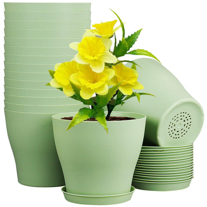 Meowell 6 inch Plastic Nursery Pots,16 Pack Plant Pots for Small Indoor Outdoor Plants, Flower Pots with Drainage Holes and Saucers, Decorative Seedling Starter Planters for House Plants, Green