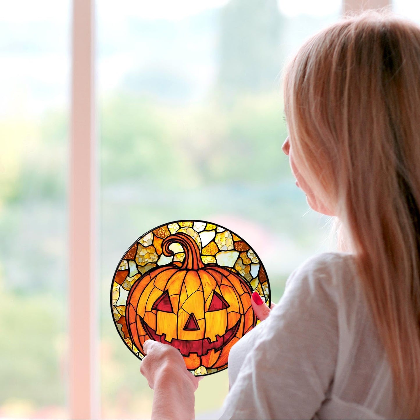 RVEAFA Pumpkin Stained Glass Window Hanging Horror Sun Catcher Decor Halloween Suncatchers for Garden Home Windows Hanging Decoration, 7.87inch