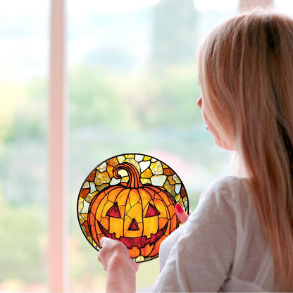 RVEAFA Pumpkin Stained Glass Window Hanging Horror Sun Catcher Decor Halloween Suncatchers for Garden Home Windows Hanging Decoration, 7.87inch