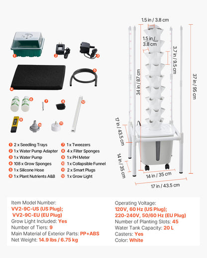 VEVOR Hydroponic Tower, 45 Pods 9 Tiers Hydroponics Growing System Kit with LED Grow Light, App Control & Casters, Vertical Home Garden with 20L Water Tank & Pump for Indoor Herbs, Fruits, Vegetables