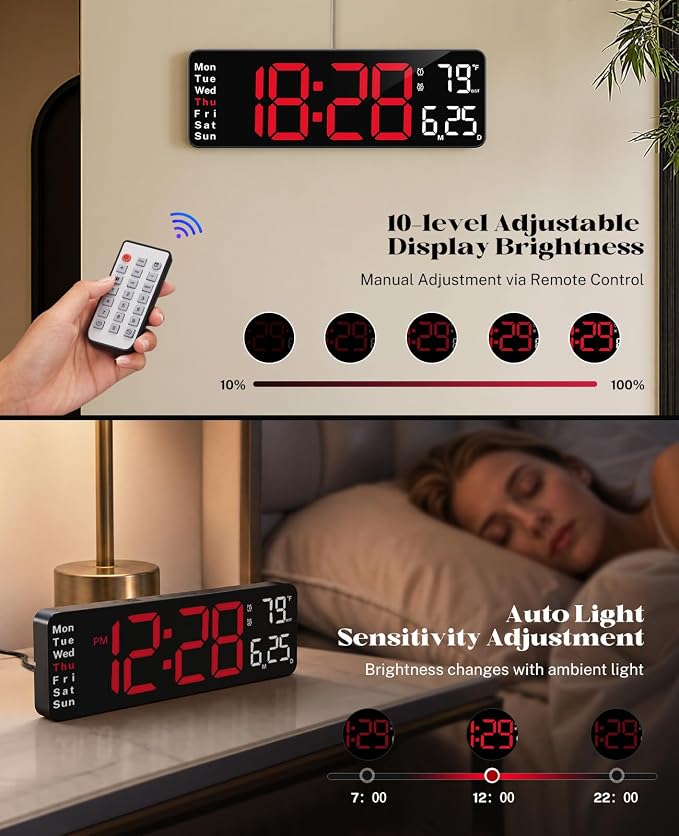 Digital Wall Clock for Classroom, 13" Digital Clock Large Display | Big Led Wall Clocks with Remote Control,Date,Week,Alarm,Temp &DST for Bedroom,Living Room,Gym,Office