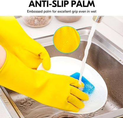 Vgo... 2-Pairs Reusable Household Gloves, Rubber Dishwashing gloves, Extra Thickness, Long Sleeves, Kitchen Cleaning, Working, Painting, Gardening, Pet Care (Size L, Yellow, HH4601)