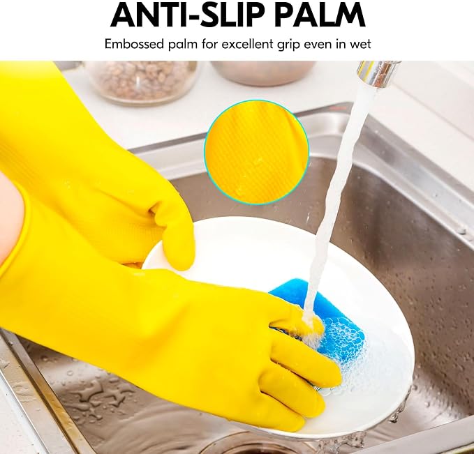Vgo... 3-Pairs Reusable Household Gloves, Rubber Dishwashing gloves, Extra Thickness, Long Sleeves, Kitchen Cleaning, Working, Painting, Gardening, Pet Care (Size S, Yellow, HH4601)