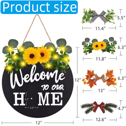 Interchangeable Welcome Home Sign, Front Door Decor With 4 Seasonal Wreaths and 21 Changeable Icons, Rustic Wood Wall Porch Hanger for Holiday Halloween Christmas Housewarming Gift (Black)