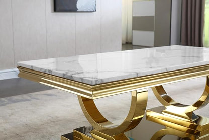 3 Piece Living Room Table Set Include 1 Faux Marble Coffee Table & 1 End Table & 1 Console Table, Modern White Gold Coffee Table Set of 3 with Double O Shape Stainless Steel Pedestal Base