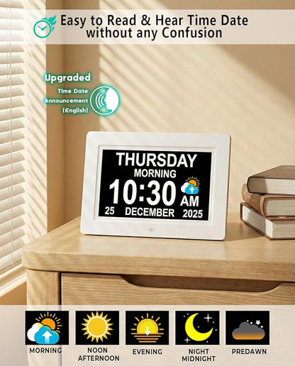 MASSII Dementia Clock with Date Time Voice Announcement, 27 Alarms Custom Reminders, Sleep Trainer, Auto DST, 10 Levels Night Dimmer, Large Talking Digital Calendar Clock for Elderly with 1.5M Adaptor
