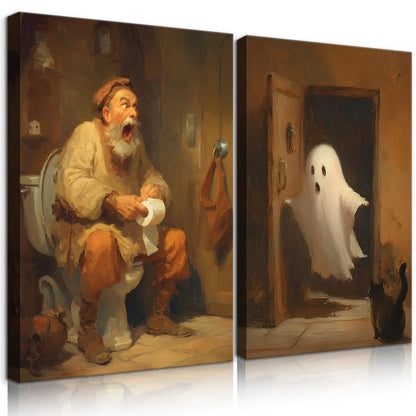 2Pcs Ghost in Bathroom Canvas Wall Art Retro Funny Bathroom Wall Decor Halloween Ghosts Posters Painting Retro Horror Creepy Dark Prints Halloween Pictures for Toilet Home Decoration(8x10in Canvas)