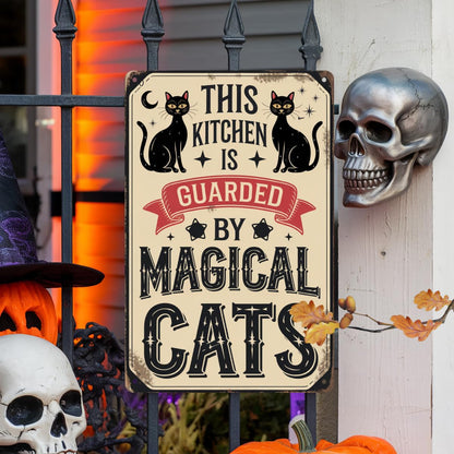 This Kitchen Is Guarded By Magical Cats Metal Tin Sign Halloween Theme Wall Hanging Rustic Style Wall Decor For Kitchen, Farmhouse, Living Room, Halloween Party Decorative Signs & Plaques 8x12 Inch