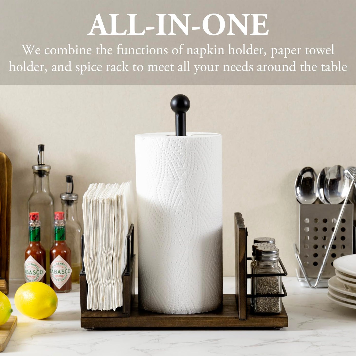 MyGift Rustic Burnt Solid Wood and Industrial Matte Black Metal Dining Combination Caddy with Paper Towel Roll Dispenser Stand, Napkin Holder, and Spice Rack
