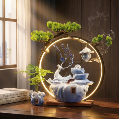 CIFUPUQU Tabletop Water Fountain, 17.3”Tall Deer Statue Waterfall Fountain with Incense Holder, LED Light & Adjustable Pump, Zen Relaxation Desk Fountains for Office,Living Room or Bedroom