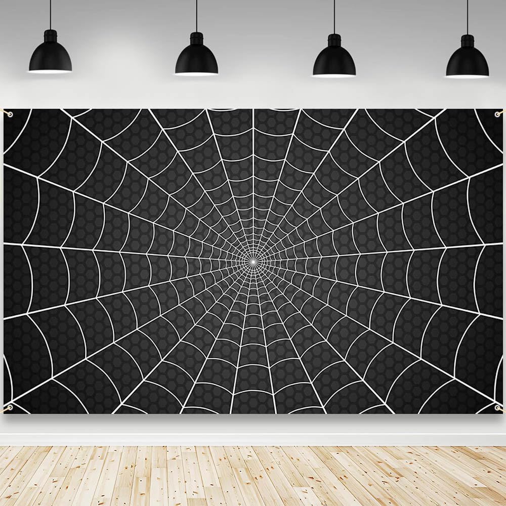 AIBIIN Spider Web Backdrop Black Spider Web Baby Shower Birthday Photograpy Background Super Hero Theme Baby Shower Party Decorations Banner Photo Props 70.8 x 43.3 inch