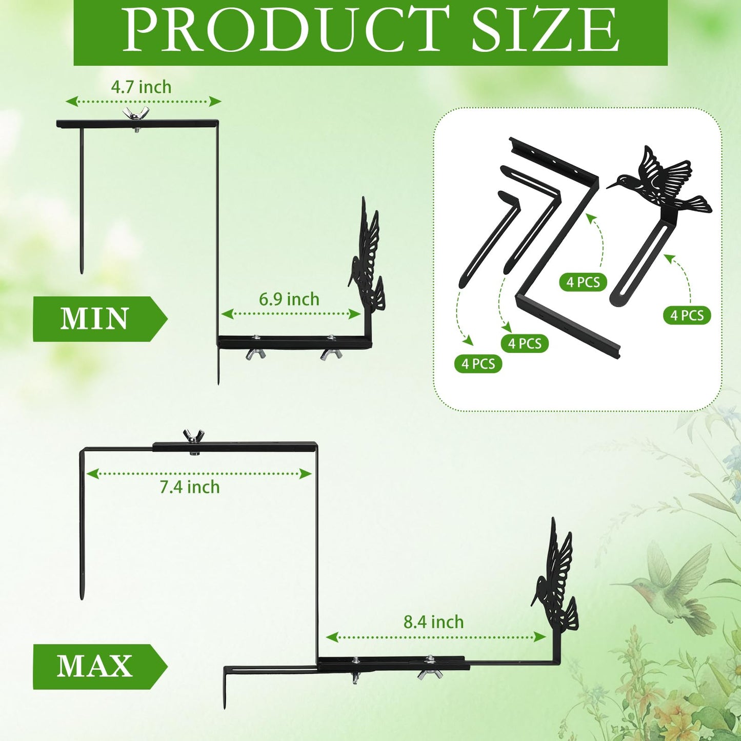 Chumia 4 Pcs Window Box Brackets Adjustable Planter Box Brackets for Railing with Hummingbird Heavy Duty Iron No Drill Flower Pot Holders for Outdoor Fence Balconie Patio Garden