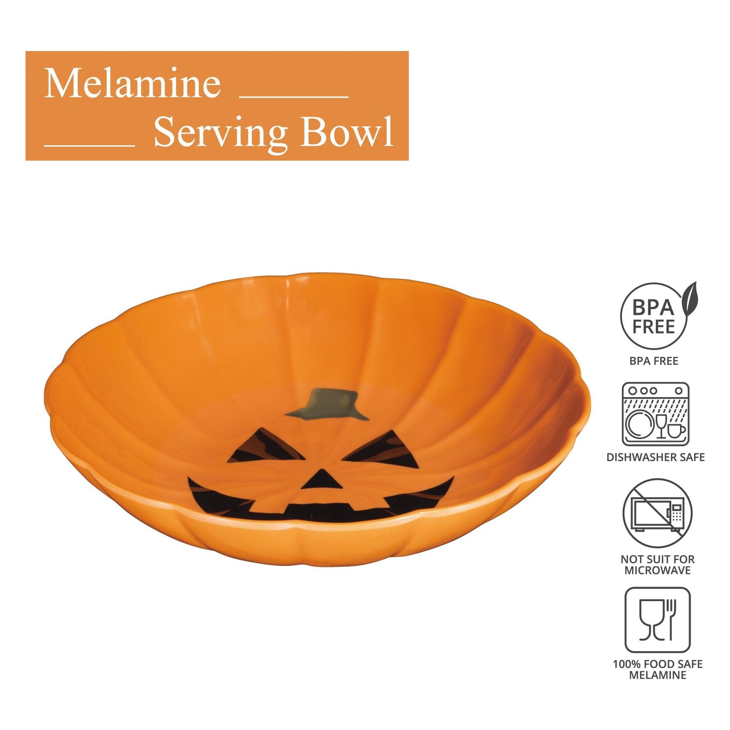 UPware Halloween Pumpkin Melamine Serving Bowl, Mixing Bowl, for Charcuterie, Food, Salad, and Snack, BPA-Free, Dishwasher Safe, Shatter-Proof, Orange, 11 Inch
