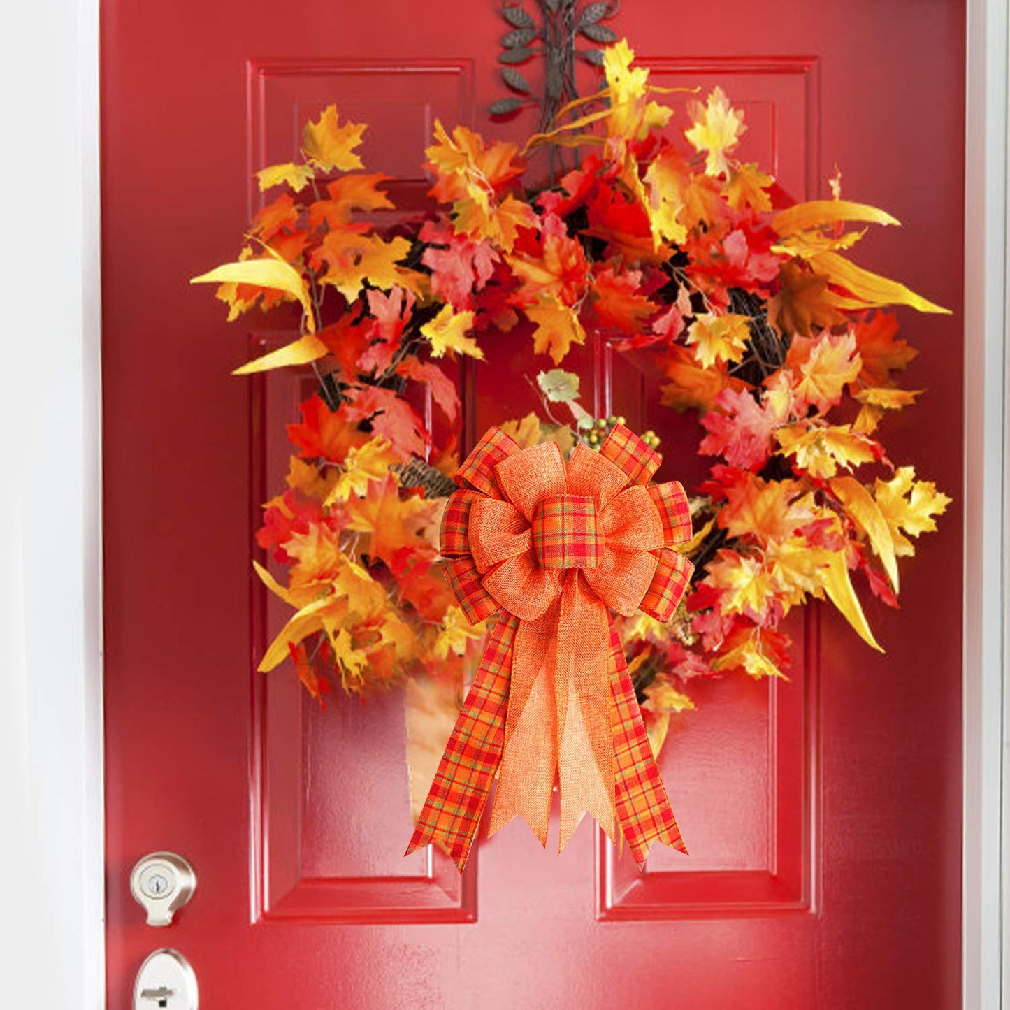 4Pcs Large Fall Thanksgiving Wreath Gift Bow -18.8x10.6inch Orange Buffalo Plaid Check Wreath Swag Bow Wreaths Pre-Tied Bows for Fall, Thanksgiving, Christmas, Home Indoor Outdoor Ornaments