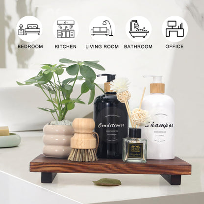 Farmhouse Bathroom Tray Organizer Wooden Riser Stand Wood Trays for Kitchen Counter Decor Pedestal Dish Soap Dispenser Holder Kitchen Sink Tray Modern Bathroom Vanity Accessories Decorative Trays