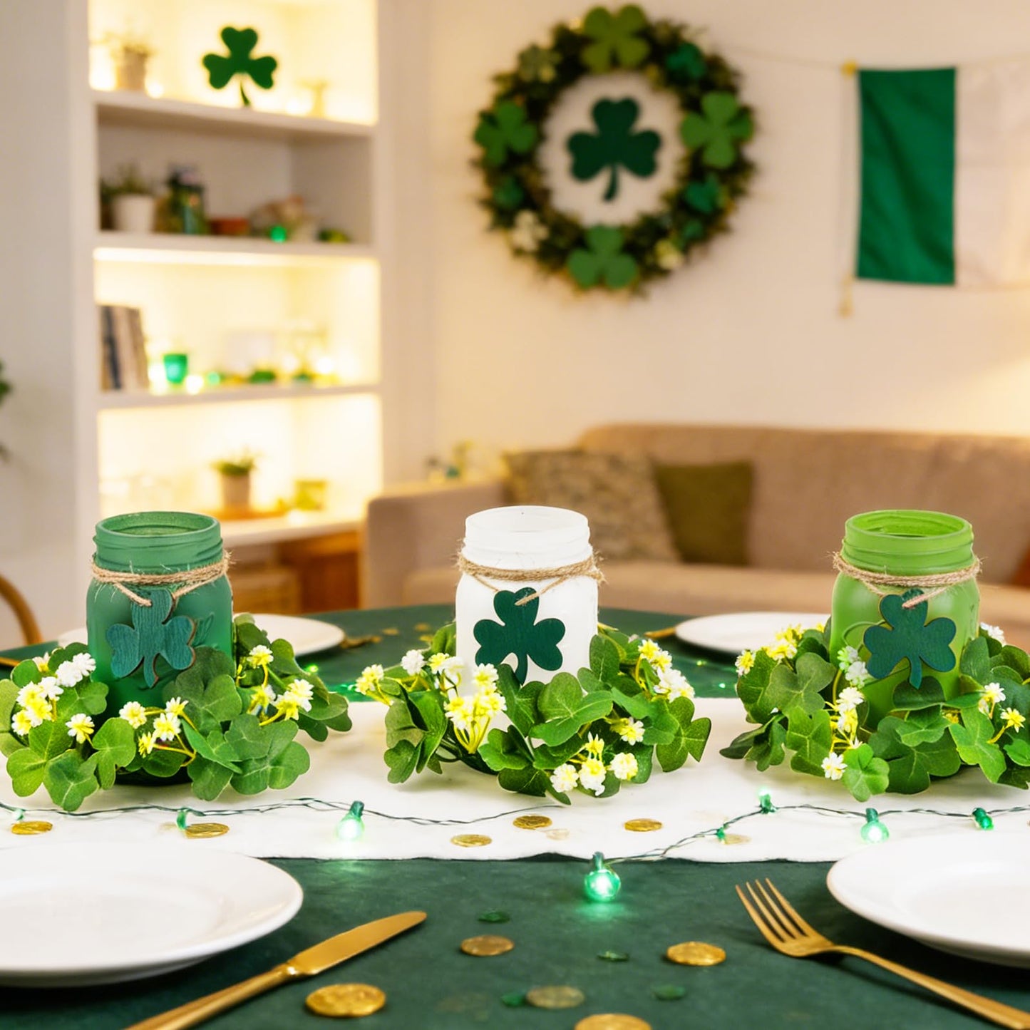 St. Patrick’s Day Mason Jar Decor Set of 3 – Green Farmhouse Table Centerpiece with Shamrock Wreath & Wooden Clover Accents, Irish Spring Home Decorations