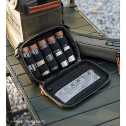 Camping Spice Kit with 2 Salt and Pepper Mills - Portable Seasoning Storage Bag, Travel Spice Organizer Set for Family Camping, BBQ, RV Living (Khaki, Medium)
