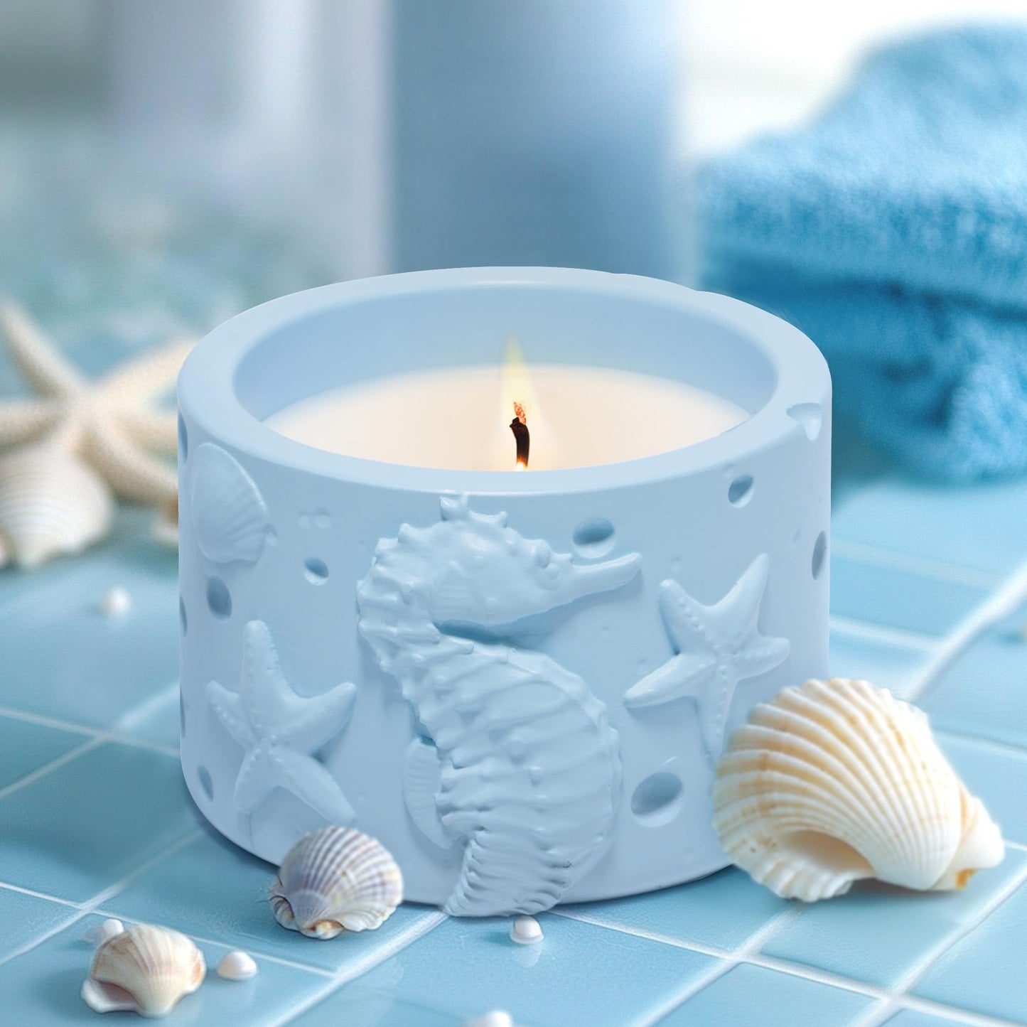 Hodao Oceanic Serenity Handcrafted Aromatherapy Box with Candle & Decor – Beach Rock Sculpture with Sea Turtle, Seashells, for Home, Bathroom, Yoga Room Decor (Blue-Seahorse)