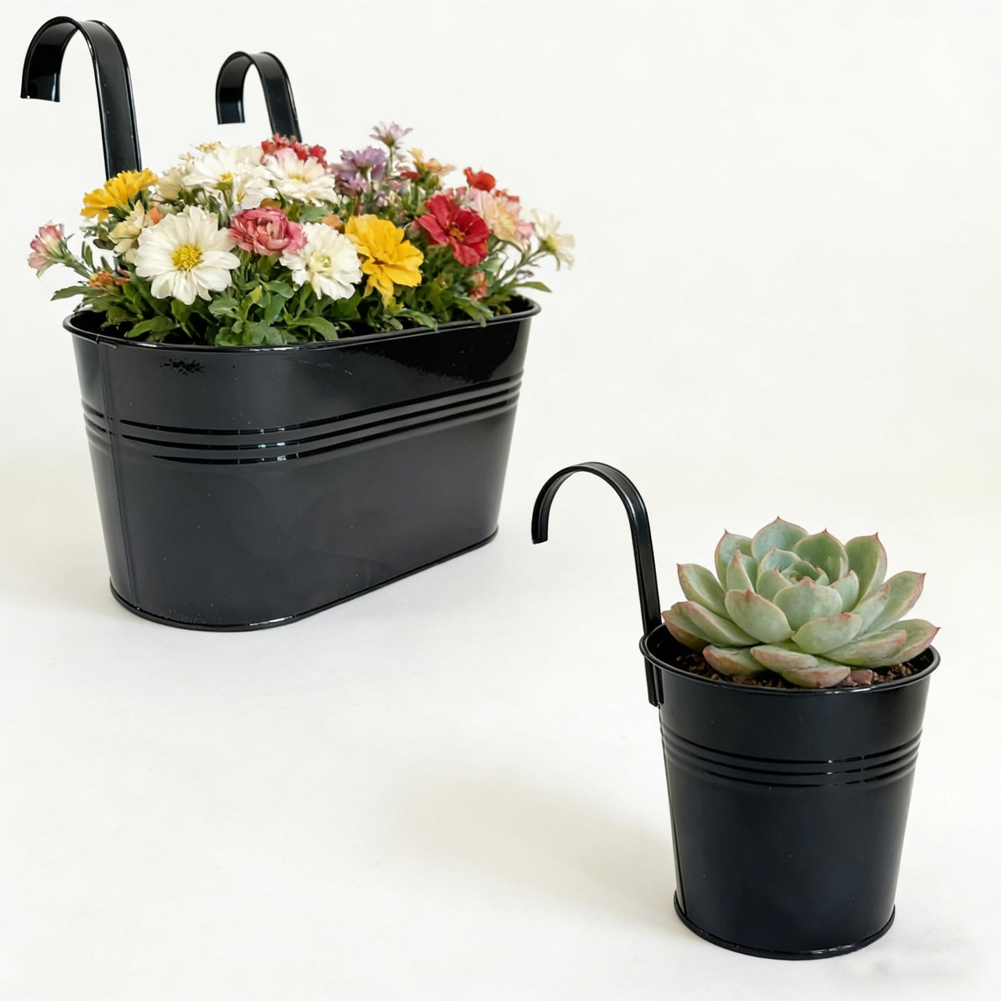 Joyfernal Pack of 4 Metal Hanging Planters for Outdoor Plants, 2 Pcs 4" Round Railing Planter & 2 Pcs 10" Oval Fence Flower Pots for Balcony Garden Decor, Black