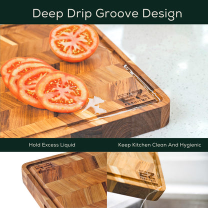EZ FURNITURE Extra Large (XL) Teak Edge Grain Cutting Board, Reversible, Knife-Friendly Charcuterie Butcher Block, Juice Groove & Handles, Non-Toxic, Gift Box Included (Herringbone, 24" x 18" x 1.5")