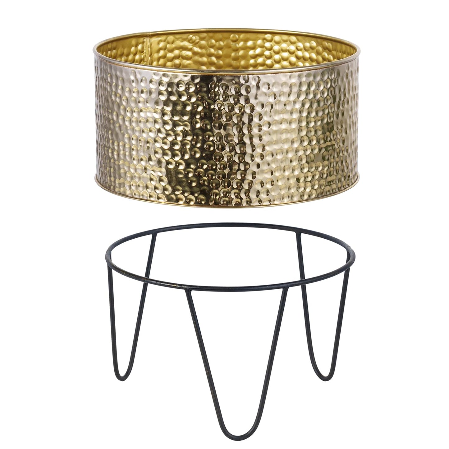 MyGift Modern Brass Tone Metal Planter Pots with Pebbled Texture, Hammered Plant Containers with Matte Black Wire Stands, 2 Piece Set, 8 and 10 Inch - Handcrafted in India