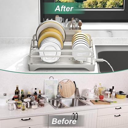 Dish Drying Rack,Dish Racks for Kitchen Counter,Metal Dish Drainer with Adjustable Drainage Spout,Removable Knife and Fork Holder (Grey)