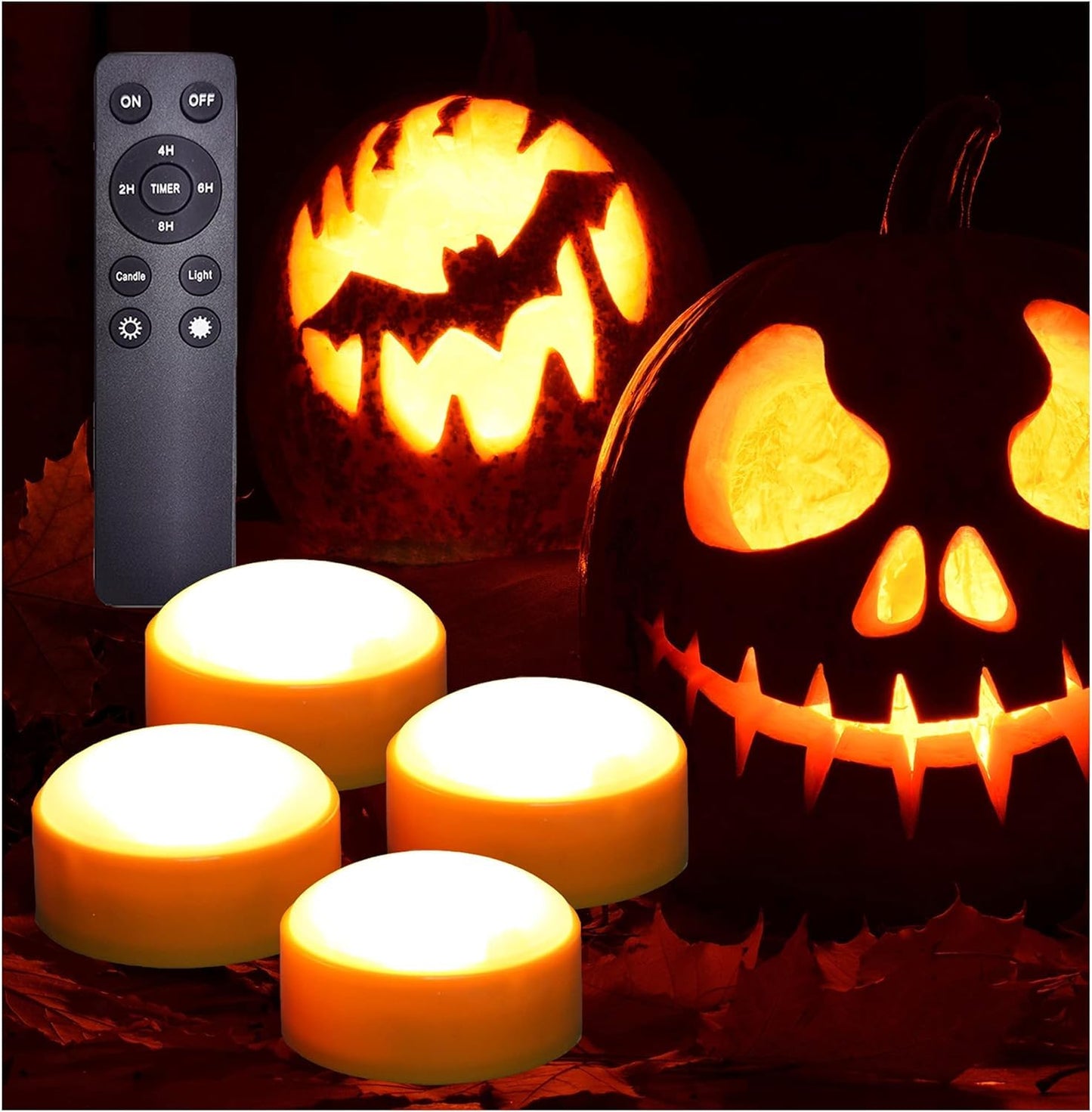 iZAN 4 Pack Orange Halloween Pumpkin Lights Battery Operated LED Bright Flickering Flameless Candles with Remote and Timer for Pumpkin Décor Jack-O-Lantern Halloween Party Home Decorations