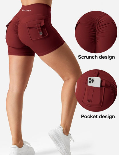 YEOREO Women's High Waisted Scrunch Workout Shorts with Pocket - Deep Burgundy, Size Large