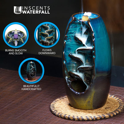 Inscents Waterfall AS-SEEN-ON-TV Ceramic Incense Holder Cone Burner with Backflow Design Ornament Home Decor Aromatherapy for Spa Office Bedroom Yoga +100pcs Essential Oil Dipped Scented Incense Cones