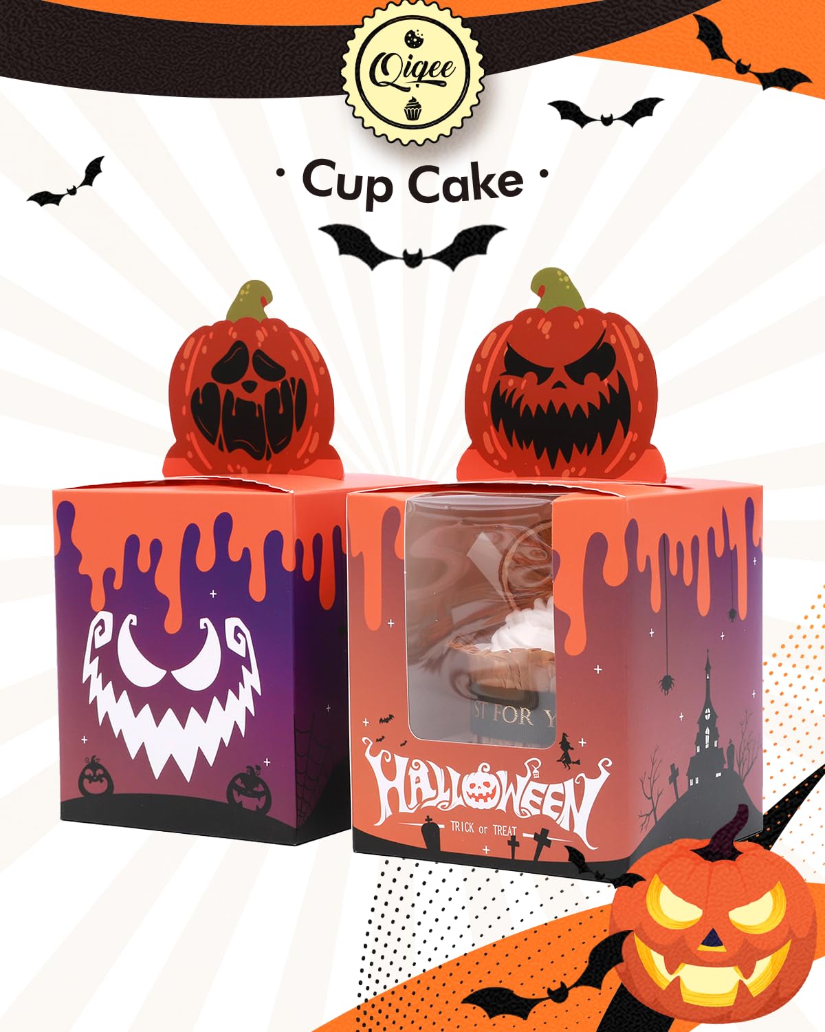 qiqee Halloween Individual Cupcake Boxes Cupcake Holders Disposable 25pcs Single Cupcake Boxes with Window 3.7x3.7x4.5 Cupcake Containers for Halloween