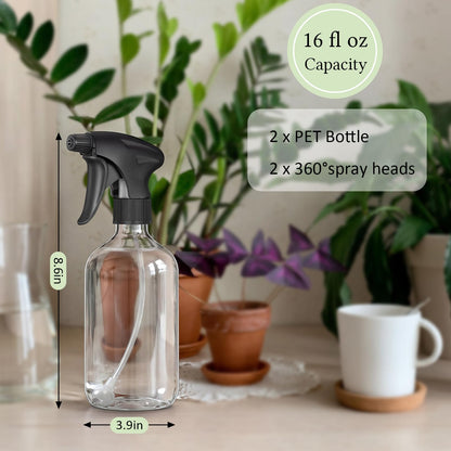 Baderke 2 Pcs Spray Bottle, 16 oz Plastic Spray Bottles for Cleaning 360° Upside Down Sprayer Bottles for Cleaning Solutions, Durable Nozzle W/fine Mist and Stream Setting(Clear)