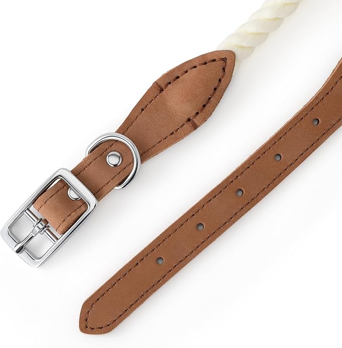 Mile High Life Genuine Leather Dog Collar, Durable Braided Cotton Rope Collar with Metal Pin Buckle for Small Medium Large Dogs (Cream, L Neck 17"-21")