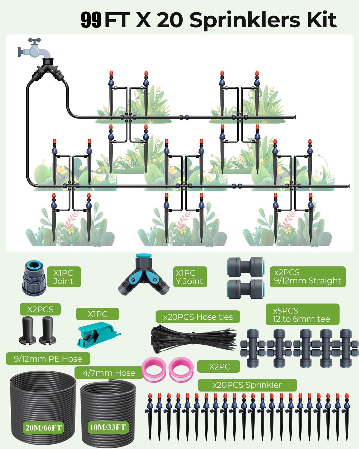 MYMULIKE Drip Irrigation System, 1/2" Main Pipe & 1/4" Branch Pipe, Adjustable Drip Emitters, Automatic Irrigation Kit Garden Watering System for Flower Bed, Raised Beds, Lawn, Greenhouses