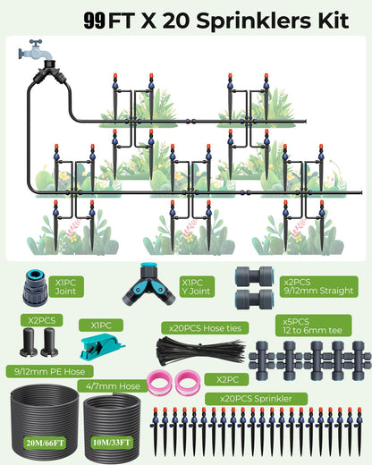MYMULIKE Drip Irrigation System, 1/2" Main Pipe & 1/4" Branch Pipe, Adjustable Drip Emitters, Automatic Irrigation Kit Garden Watering System for Flower Bed, Raised Beds, Lawn, Greenhouses