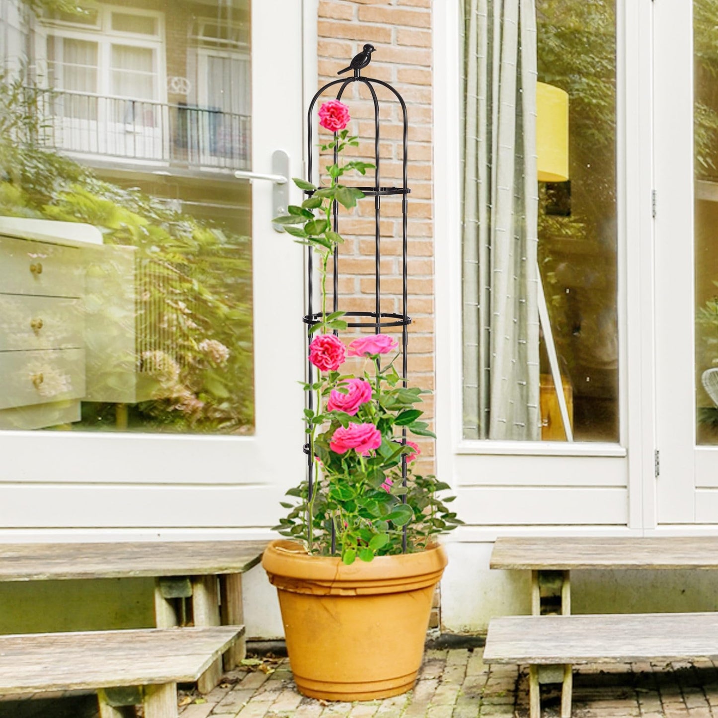 FOLLOOK Garden Obelisk Trellis for Climbing Plants Outdoor, Lightweight Climbing Plant Support Flower Roses Clematis Vegetable Light Vines Round Trellis for Raised Garden Bed Planter, Black, 2 Pack
