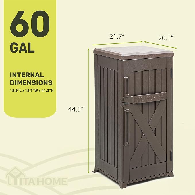 YITAHOME 60-Gallon Secure Package Delivery and Storage Box, Double-Wall Resin, Weatherproof, for Outdoor Use, Curbside or Porch, 8.5 Cubic Feet, Brown