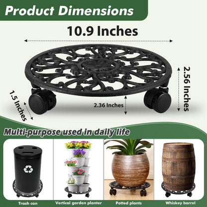 2 Packs 11 Inch Rolling Plant Stand with Wheels Wrought Iron Rolling Plant Stand with Casters Heavy Duty for Indoor Plants Rollers Potted Plant Mover, Metal Round Plant Dolly