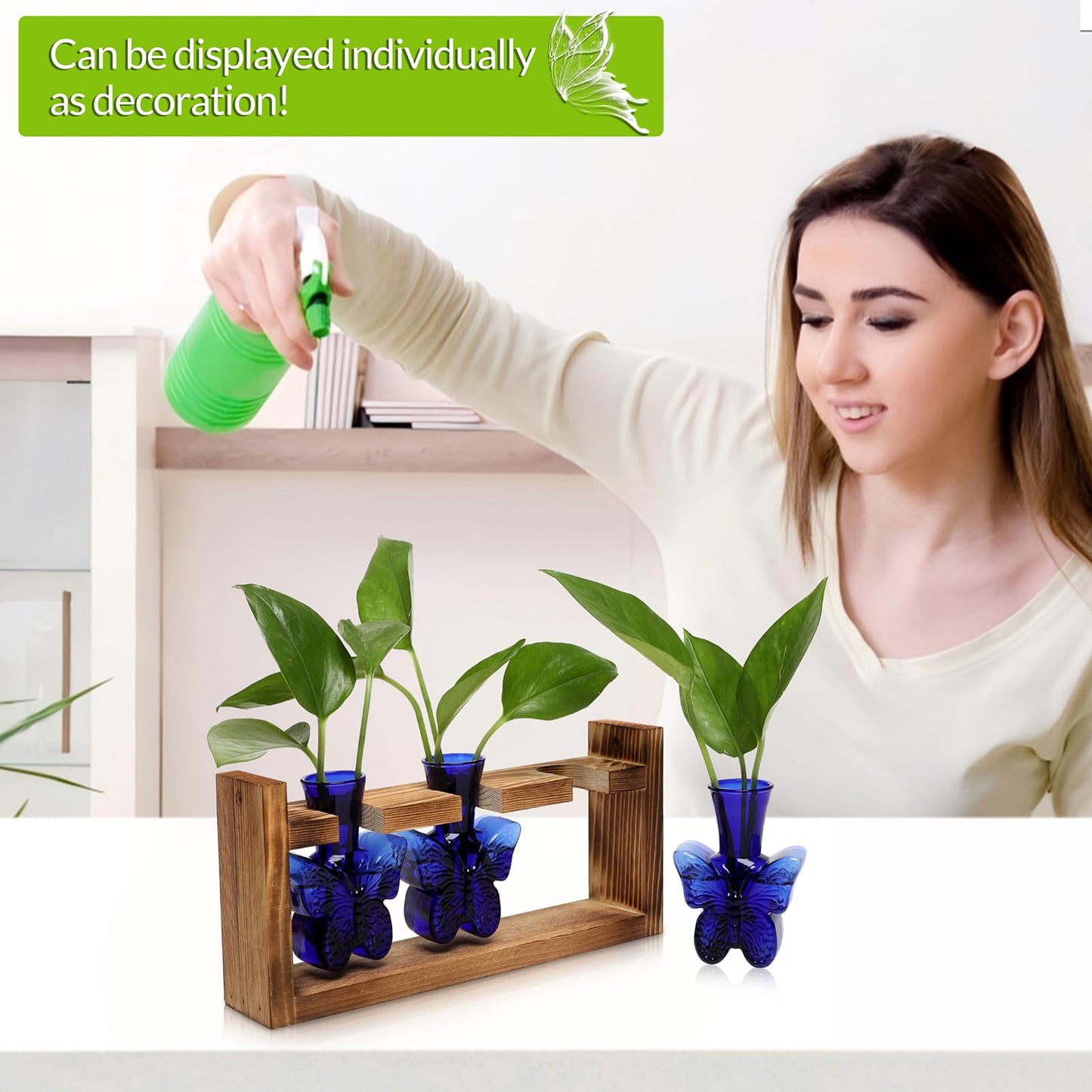 Glass Plant Propagation Station Butterfly Planter Vase with Wooden Stand Birthday Gifts for Women Mom Plant Lovers Office Home Decoration