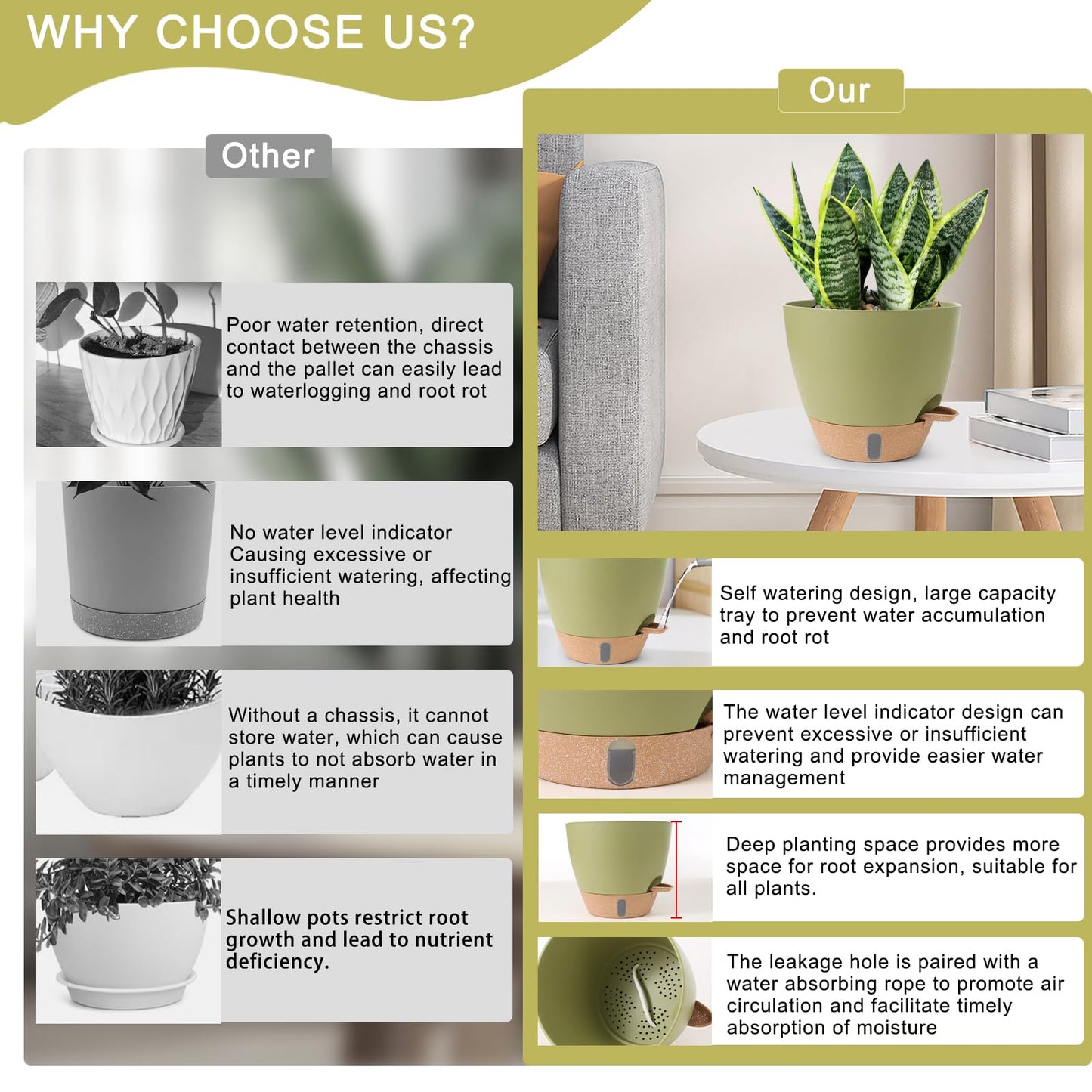 WEICHENGXING Plant Pots,12/10/9/8/ Inch Large Plastic Self Watering Flower Pots Indoor Outdoor with Drainage Holes, Deep Reservoir,Nursery Planting Pot for Indoor Out Door Plants