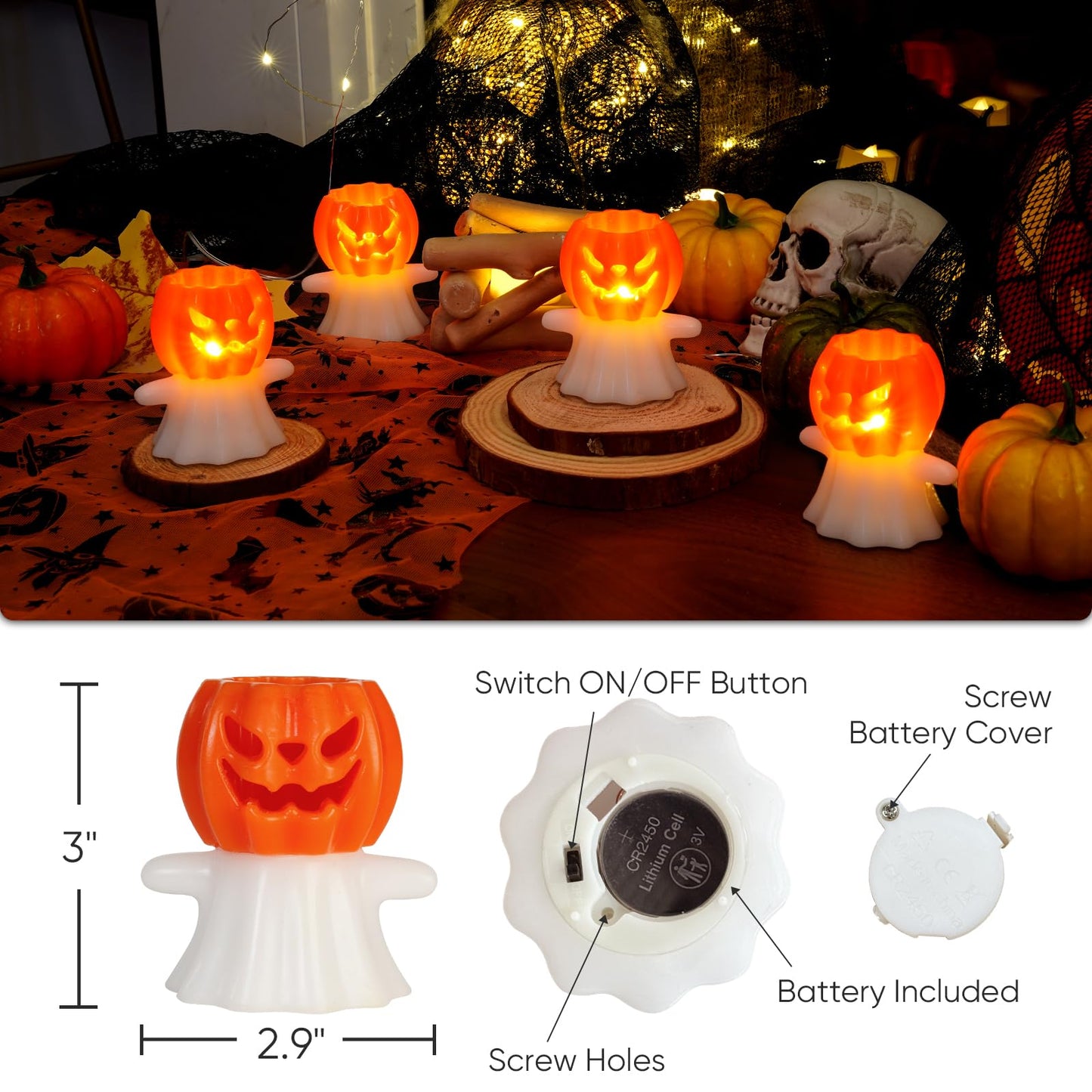 Homemory Real Wax Pumpkin Ghost Lamp, 4 Pcs Flickering Flameless Candles with 6hrs Timer, Spooky Halloween Pumpkin Candles, LED Battery Operated Lights for Home Halloween Decor, Theme Party