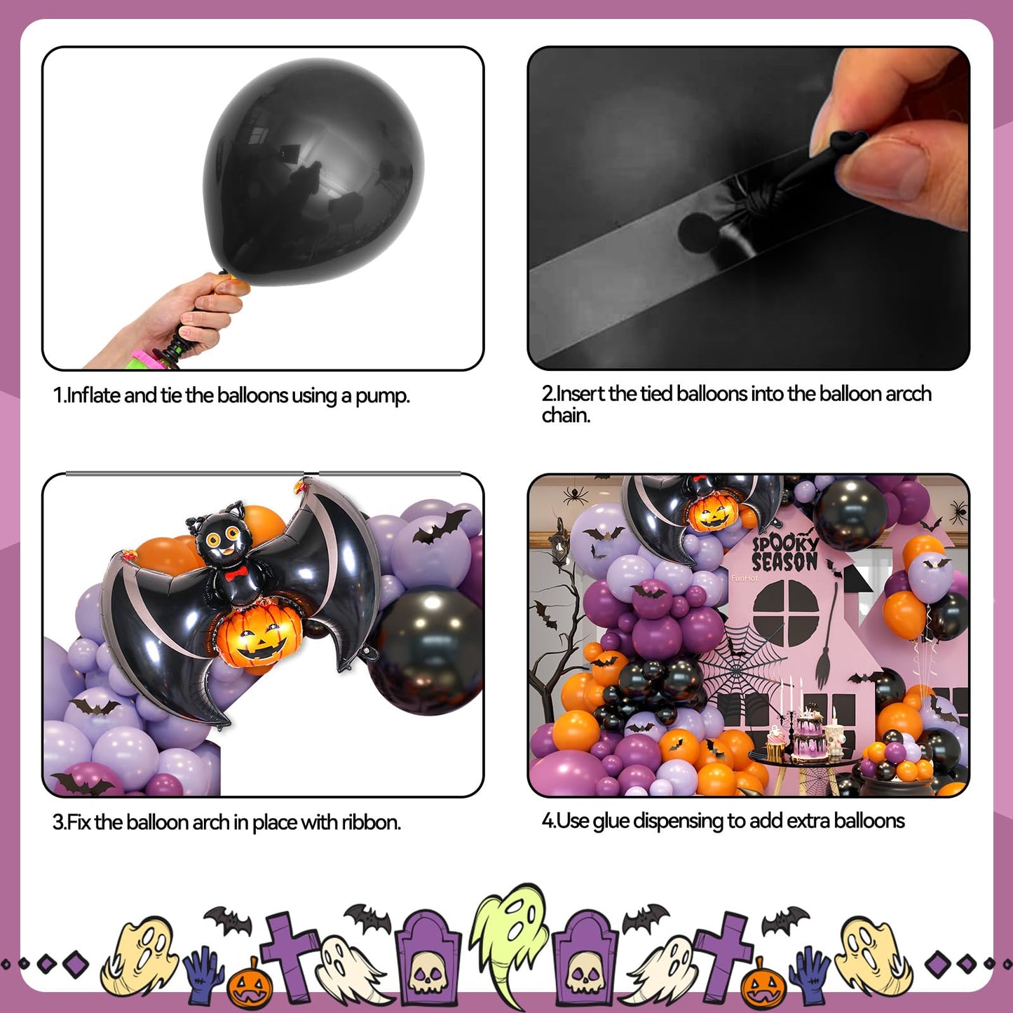 Halloween Balloon Arch Garland, Pink Purple Balloons with Star Cute Ghost Boo Foil Balloon, Metallic Purple Pink Black Latex Balloons Bat Stickers for Kids Girls Birthday Halloween Party Decorations