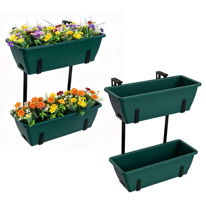 Rectangle Planters Box, 4 Pack Deck Hanging Planters for Railings, Window Box Planter with Drainage Holes & Trays, 16.9 Inch Balcony Planters Railing Hanging with Metal Brackets, Black Green (Green)