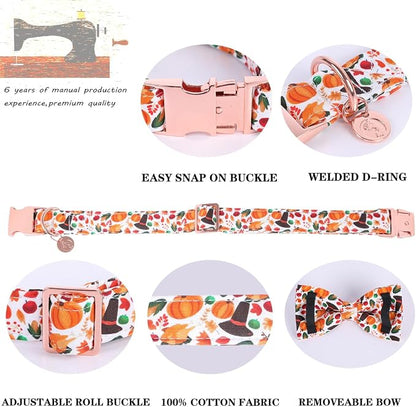DOGWONG Fall Dog Collar with Bowtie - Fall Dog Collar Soft Cotton Autumn Dogs Necklace - Halloween Puppy Necklace for Small Medium Large Dogs
