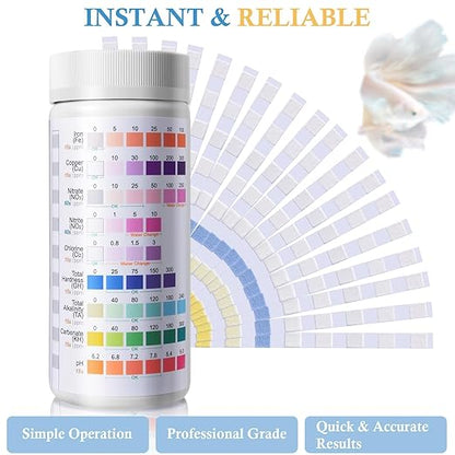 9 in 1 Aquarium Test Strips, 120 Count Fish Tank Water Testing Kit for Freshwater Saltwater Pond, Testing: Fe, Cu, Nitrate, Nitrite, Chlorine, GH, Alkalinity, Carbonate, PH