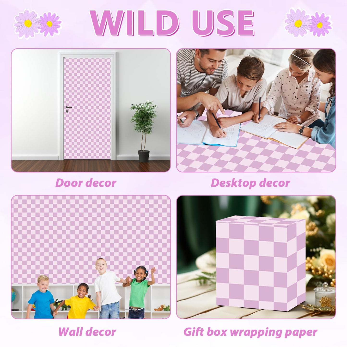 Purple Checked Bulletin Board Paper Roll Retro Pastel Purple Bulletin Board Background Back to School Classroom Decor Poster for Art Craft DIY Project Home Office Girls Party Supplies 17.7in x 20ft
