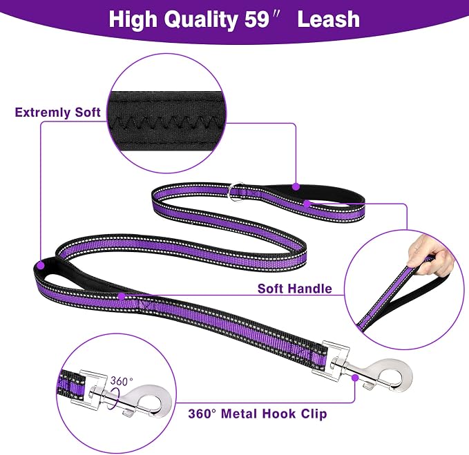 WINSEE Pet Harness Collar and Leash Set, All-in-one Reflective Dog Harness No Pull with Adjustable Buckles for Puppies, Small, Medium, Large, and Extra-Large Dogs (Large, Purple)