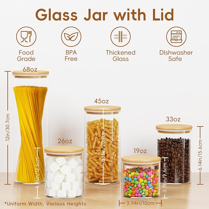 Airtight Glass Food Storage Containers with Lids,5-Pack Pantry Storage Canisters Set,19/26/33/45/68 Ounces Kitchen Jars for Flour,Sugar,Salt,Coffee Beans,Cereal,Spice,Creamer & Overnight Oats